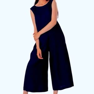 Free People Oversized Navy Cropped Super Wide Leg Jumpsuit w/ side Pockets